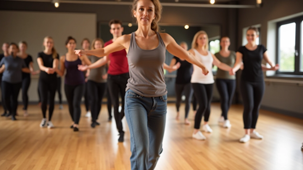 Group of beginner dancers in a class setting, focused on their instructor with supportive atmosphere