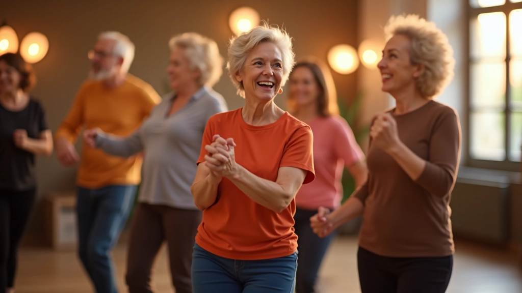 Diverse group of mature adults enjoying a salsa class together, smiling and dancing
