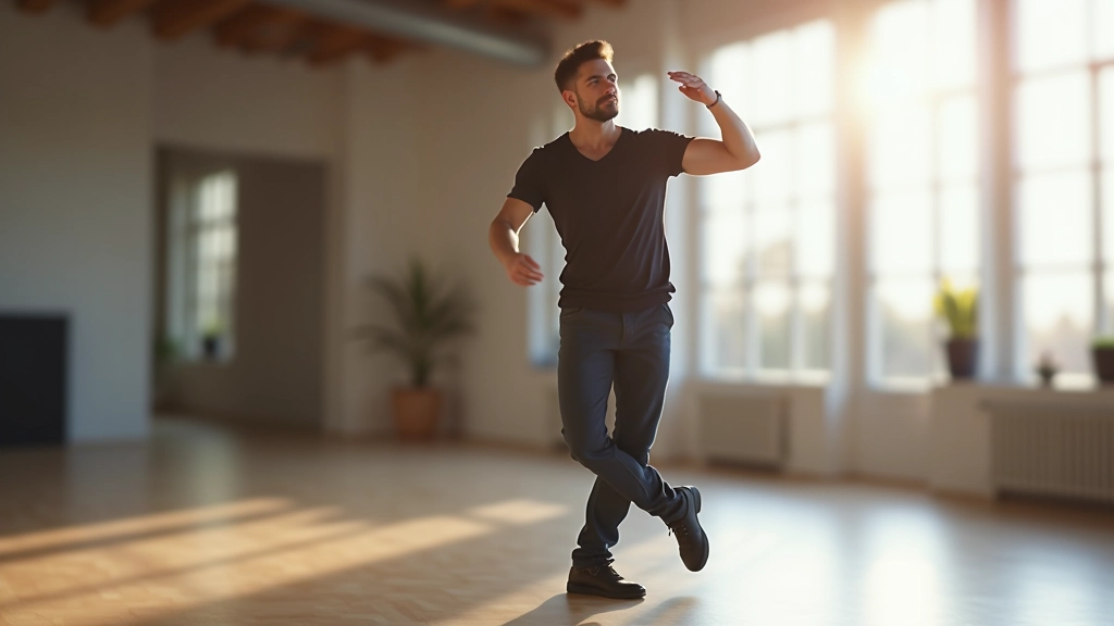 Instructor demonstrating the basic salsa step with proper posture and foot positioning in a bright studio