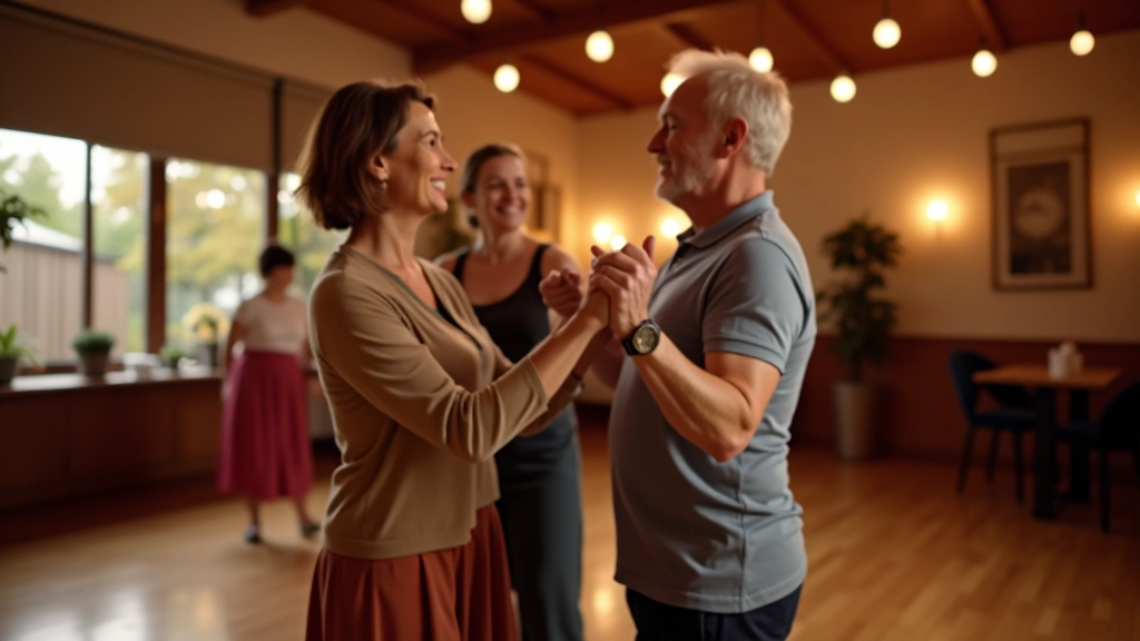 Two mature adults dancing together in a dance studio