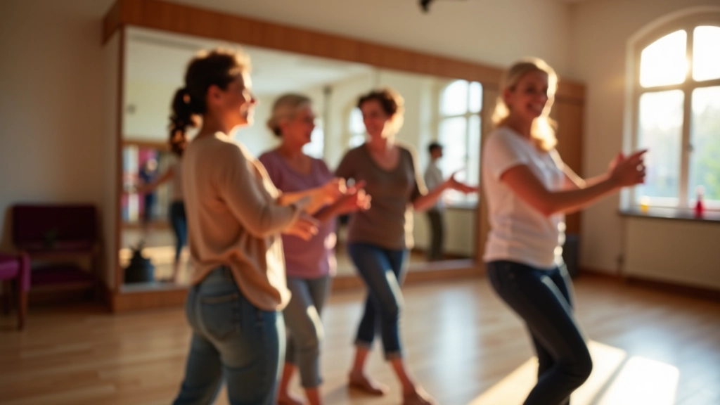 Mature adults dancing together in a dance studio