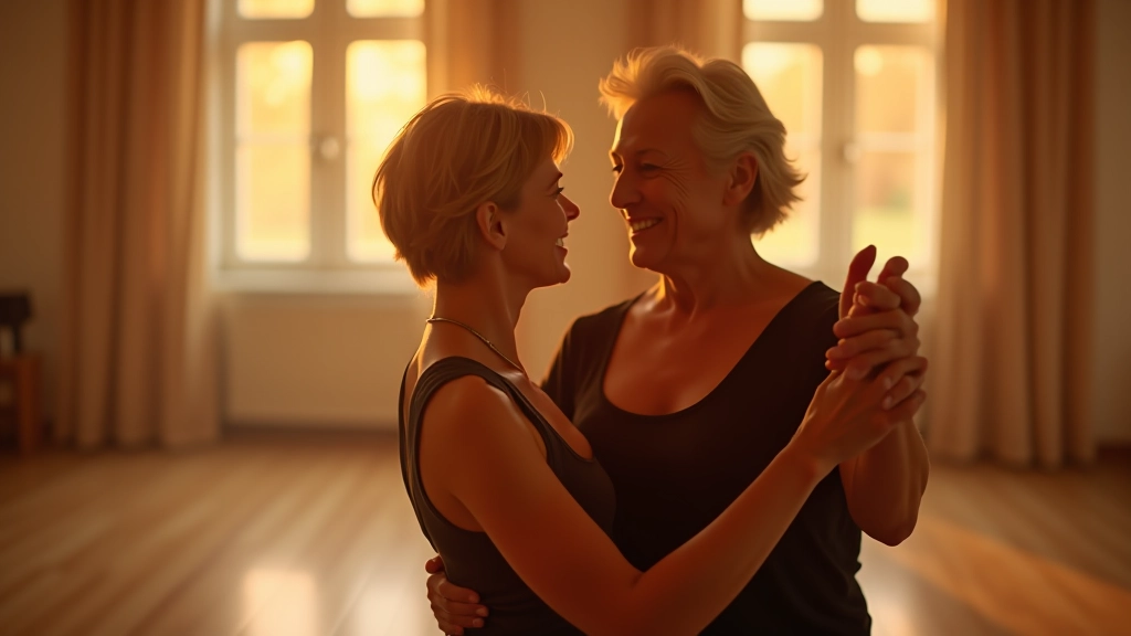 Mature couple dancing salsa together showing proper frame and body positioning in a dance studio