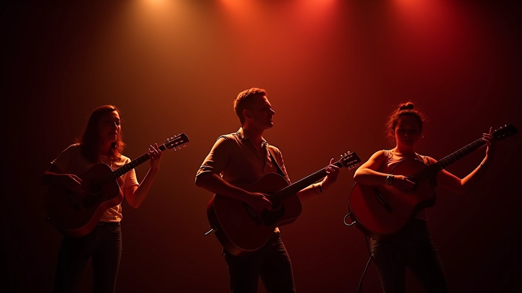 Musicians performing bachata with guitars and traditional instruments in a vibrant performance setting