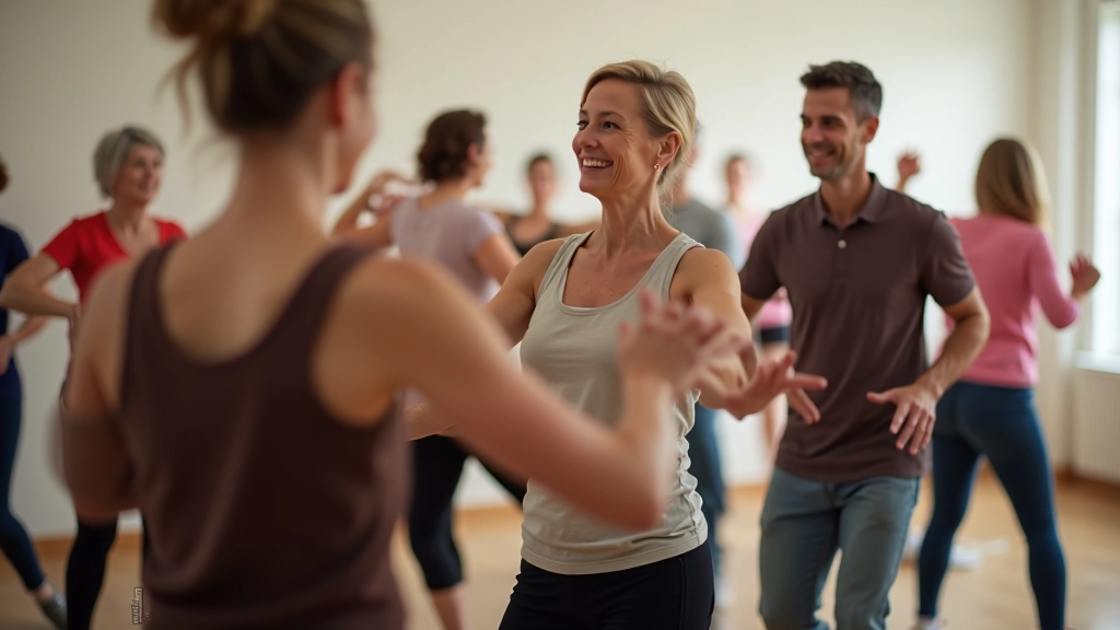 Group of mature adults in a salsa class learning together with an instructor providing guidance